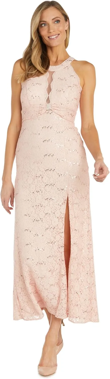 Nightway Women's Long Lace Sequined Gown W/Side Slit & Rhinestone Knot Trim