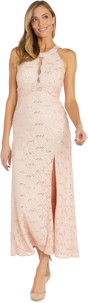 Nightway Women's Long Lace Sequined Gown W/Side Slit & Rhinestone Knot Trim