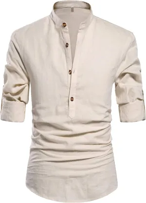 NITAGUT Men Henley Neck Long Sleeve Daily Look Linen Shirts