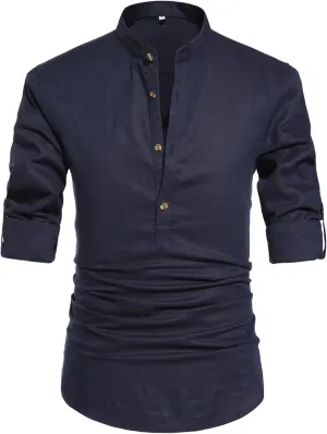 NITAGUT Men Henley Neck Long Sleeve Daily Look Linen Shirts