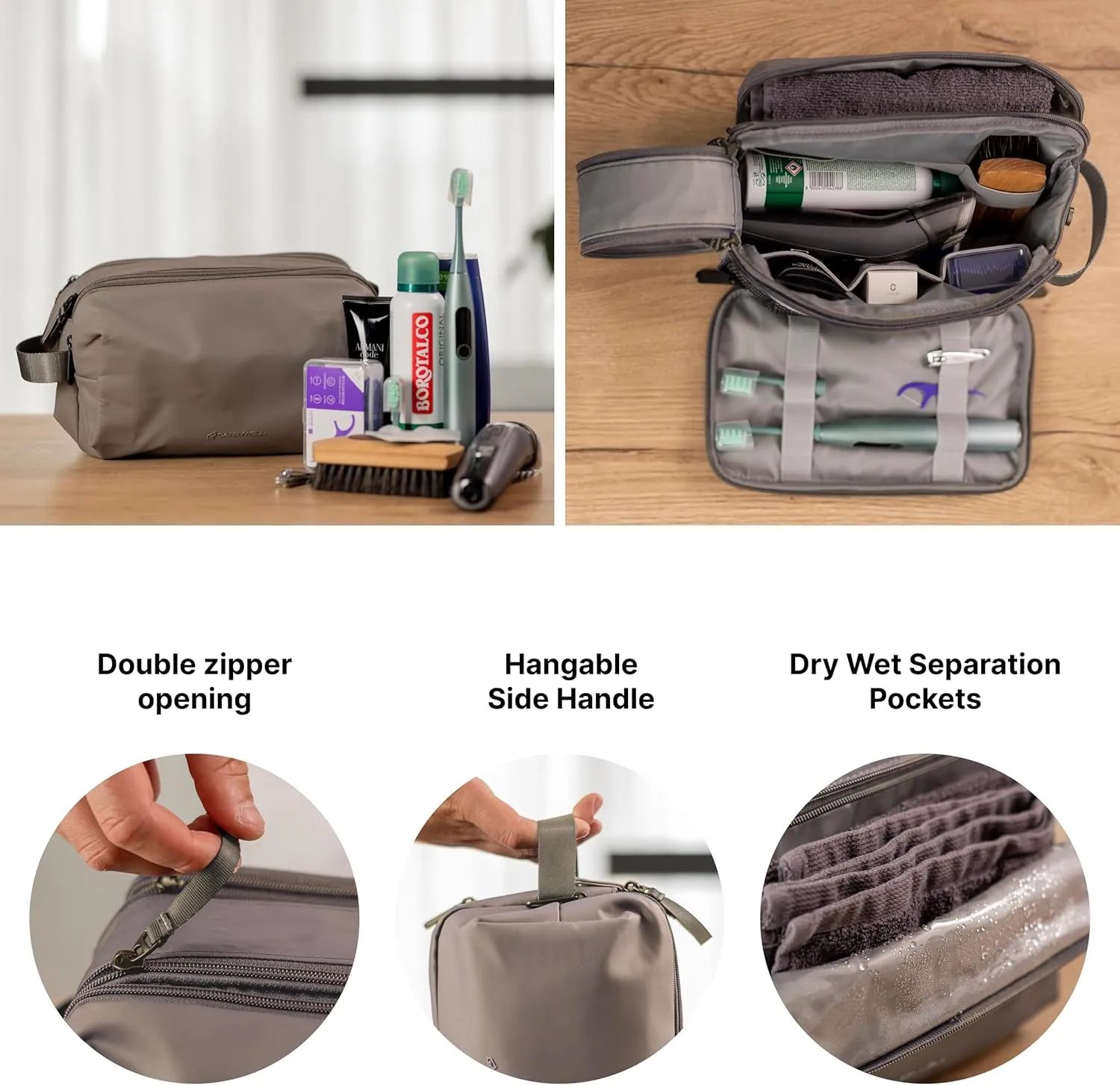 (Not Made In China) Men's Travel Toiletry Bag, Dopp Kit For Men, Water-Resistant Shaving Bag and Organizer for Toiletries and Accessories (Gray)