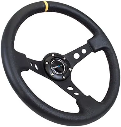 NRG Innovations NRG-RST-006BK-Y Reinforced Steering Wheel 350mm Sport Steering Wheel (3" Deep) Black Spoke With Round Holes/Black Leather/Yellow Stripes