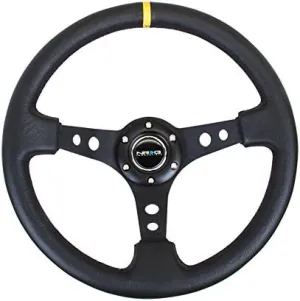 NRG Innovations NRG-RST-006BK-Y Reinforced Steering Wheel 350mm Sport Steering Wheel (3" Deep) Black Spoke With Round Holes/Black Leather/Yellow Stripes