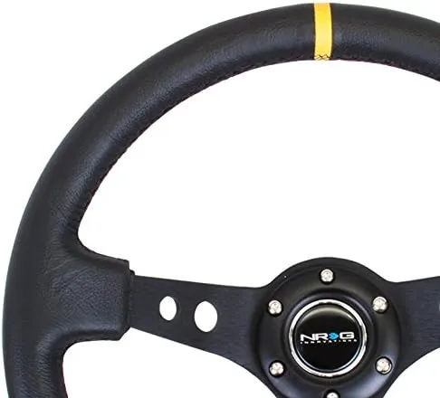NRG Innovations NRG-RST-006BK-Y Reinforced Steering Wheel 350mm Sport Steering Wheel (3" Deep) Black Spoke With Round Holes/Black Leather/Yellow Stripes