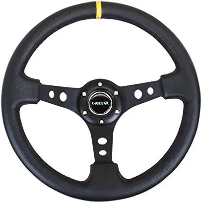 NRG Innovations NRG-RST-006BK-Y Reinforced Steering Wheel 350mm Sport Steering Wheel (3" Deep) Black Spoke With Round Holes/Black Leather/Yellow Stripes