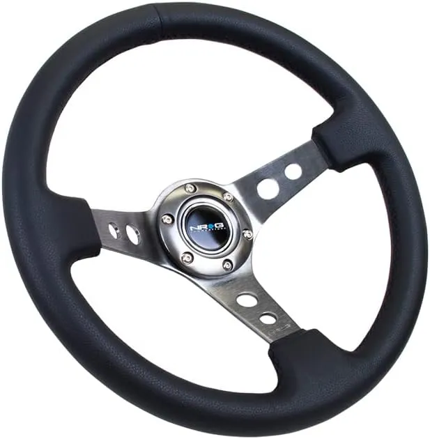 NRG Innovations NRG-RST-006GM Reinforced Steering Wheel - 350mm Sport Steering Wheel (3" Deep) - Gun Metal Spoke with Round holes, Black Leather