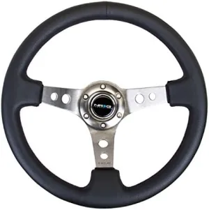 NRG Innovations NRG-RST-006GM Reinforced Steering Wheel - 350mm Sport Steering Wheel (3" Deep) - Gun Metal Spoke with Round holes, Black Leather