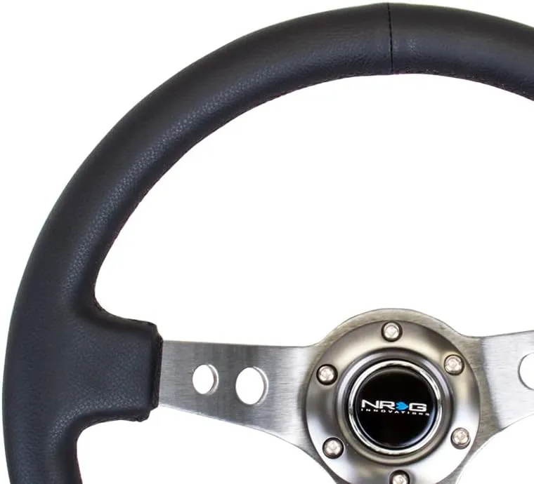 NRG Innovations NRG-RST-006GM Reinforced Steering Wheel - 350mm Sport Steering Wheel (3" Deep) - Gun Metal Spoke with Round holes, Black Leather