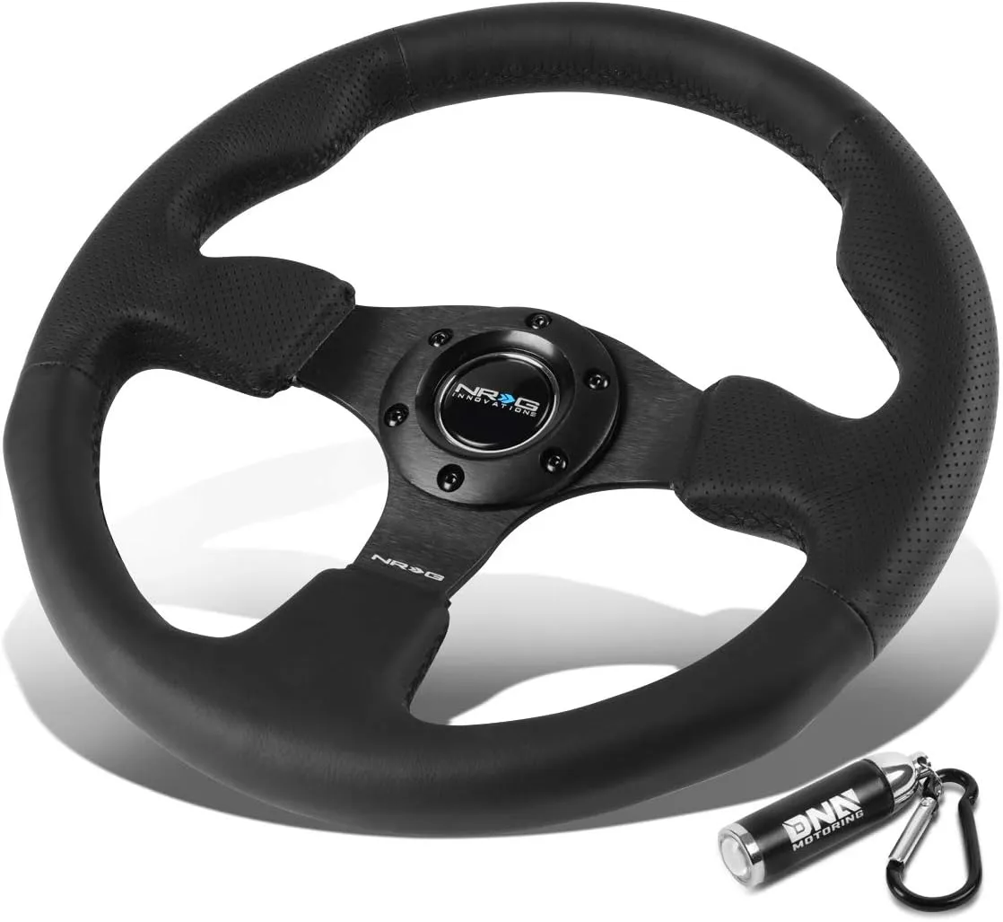 NRG Innovations Reinforced RST-012R Black Leather Type-R Steering Wheel   LED Keychain Flashlight