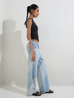 Nuon Light Blue Fringe-Detailed Relaxed - Fit High - Rise Jeans