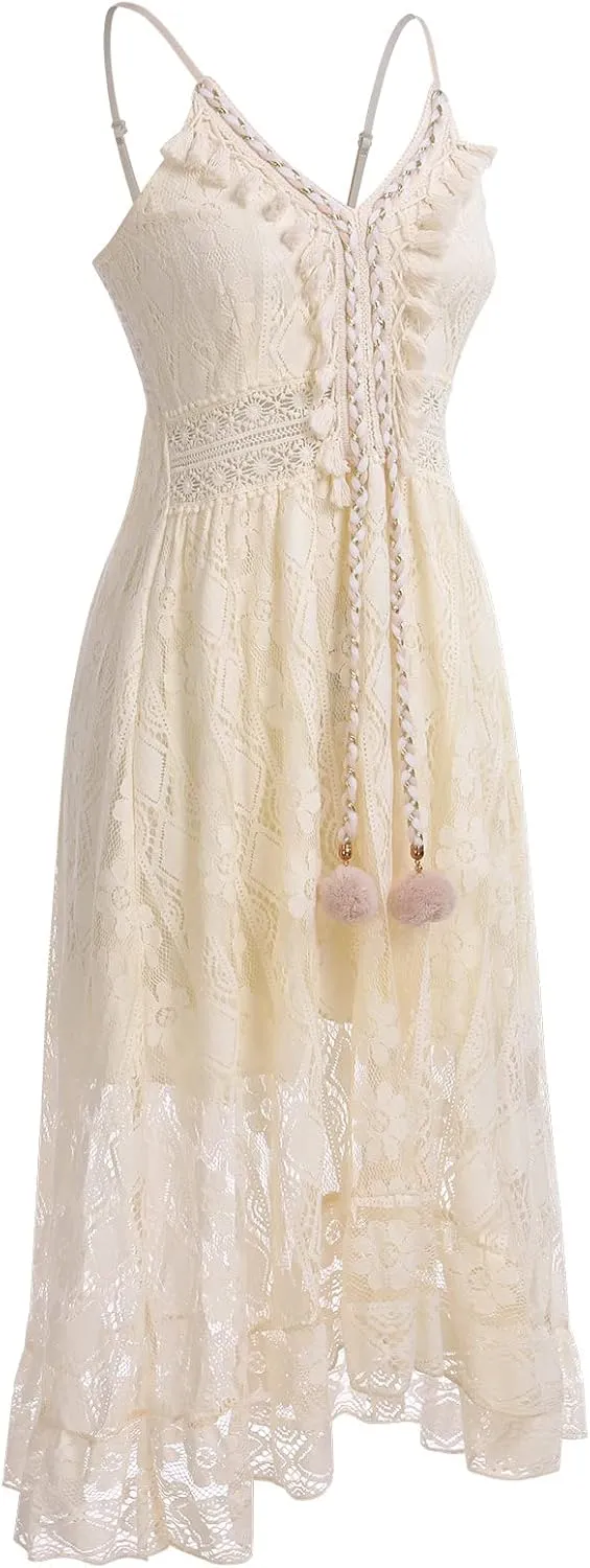 OBEEII Boho Dress for Women, Sleeveless V Neck Lace Up Tassel Summer Beach Maxi Dresses Flowy Long Sundress