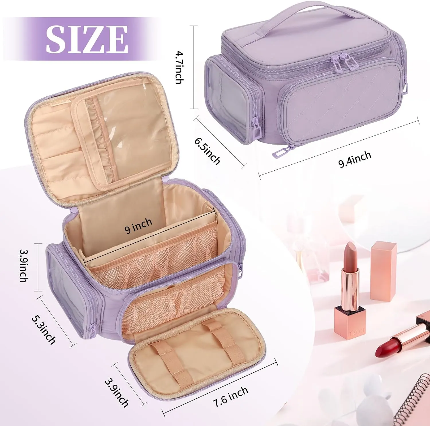 OCHEAL Large Makeup Bag,Cosmetic Organizer for Women with Zipper Pouch and Side Pocket, Multifunctional Compartments and Dividers,Travel Makeup Case for Toiletries, Brushes & Beauty Tools-Purple