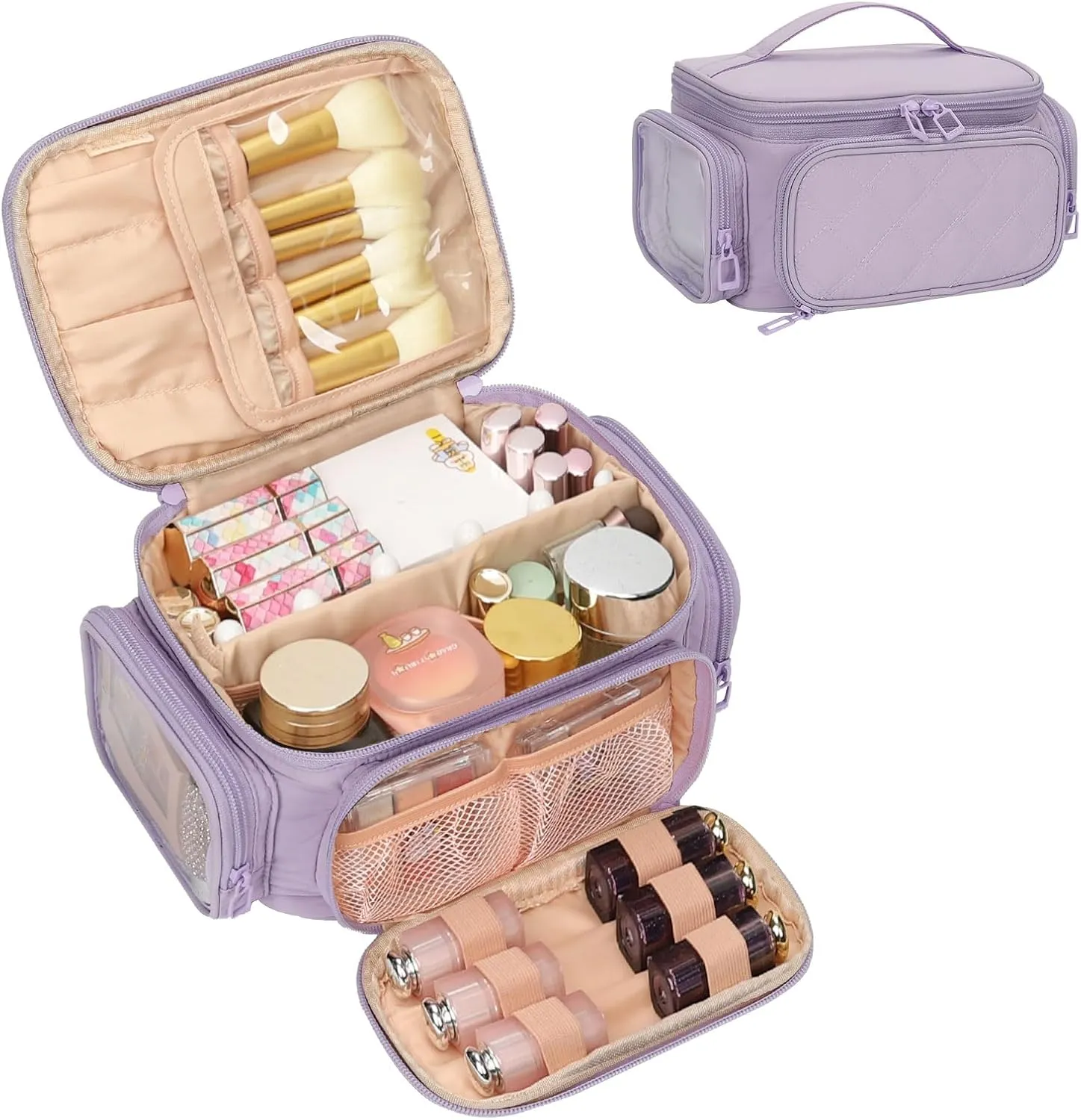 OCHEAL Large Makeup Bag,Cosmetic Organizer for Women with Zipper Pouch and Side Pocket, Multifunctional Compartments and Dividers,Travel Makeup Case for Toiletries, Brushes & Beauty Tools-Purple