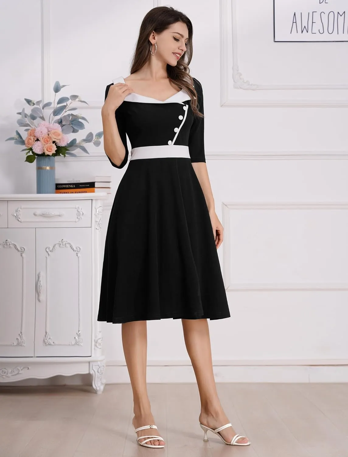 ODIZLI 1950s Dresses for Women Retro Dress 3/4 Sleeve Sweetheart Neckline Swing Midi Dress Cocktail Dress