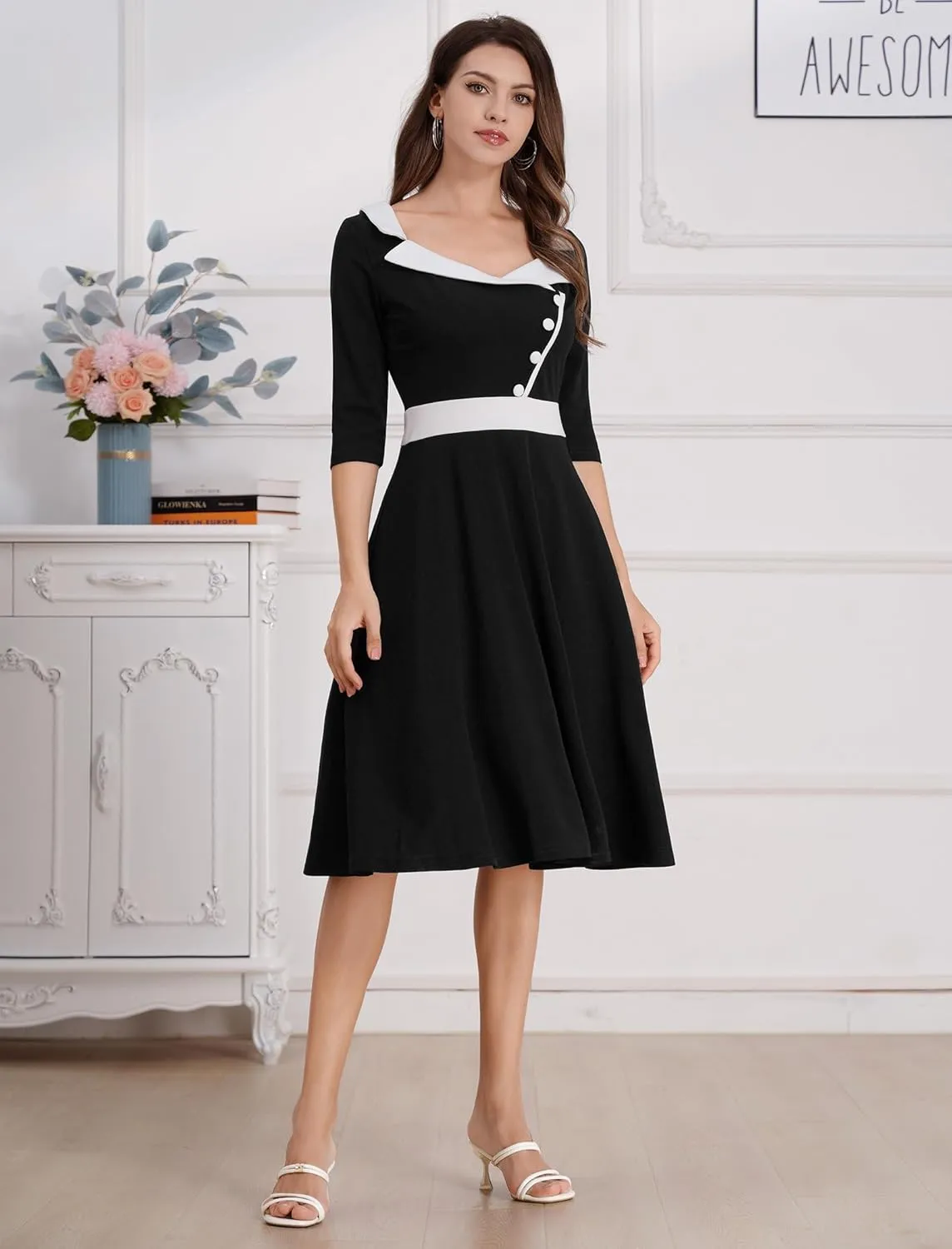 ODIZLI 1950s Dresses for Women Retro Dress 3/4 Sleeve Sweetheart Neckline Swing Midi Dress Cocktail Dress