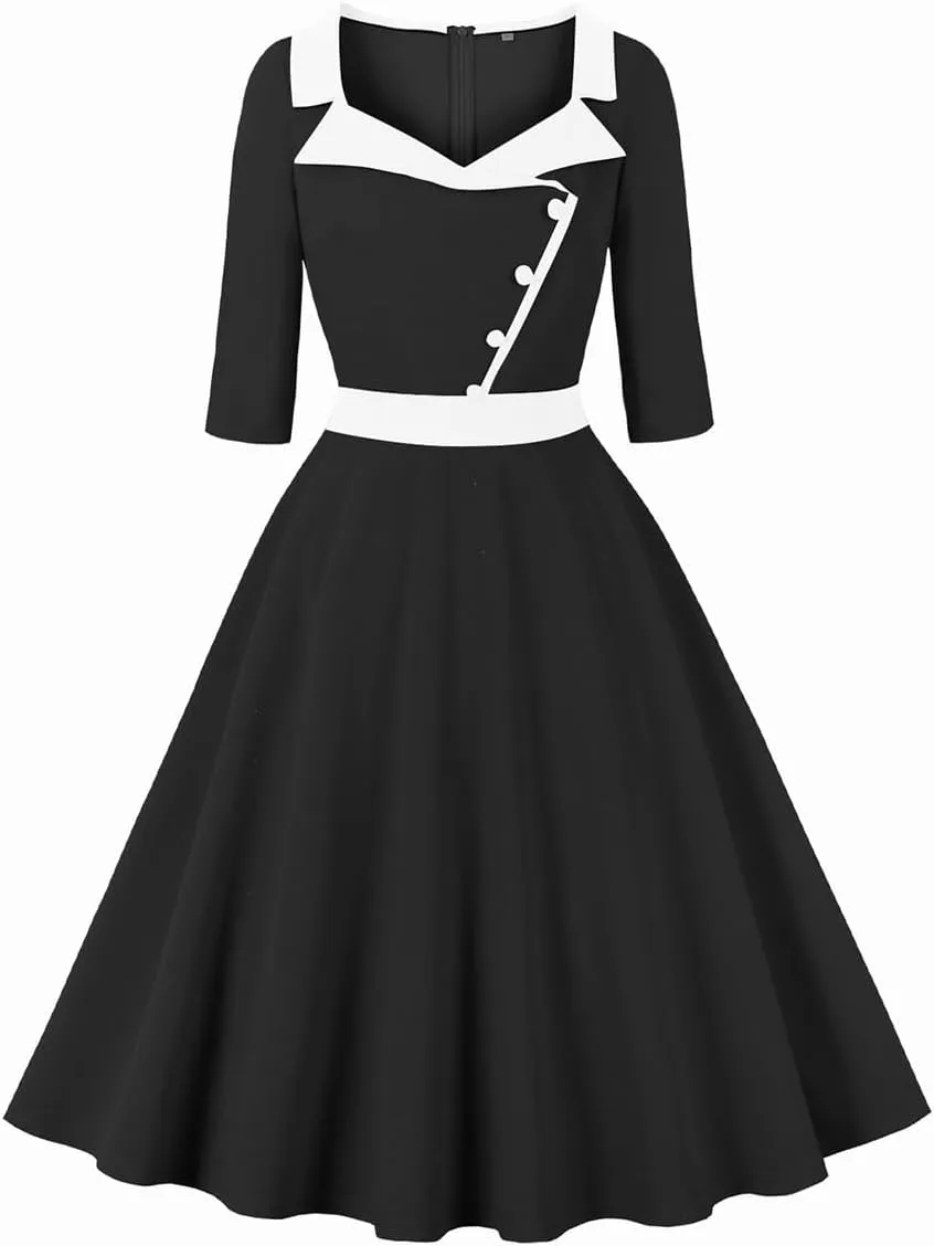 ODIZLI 1950s Dresses for Women Retro Dress 3/4 Sleeve Sweetheart Neckline Swing Midi Dress Cocktail Dress