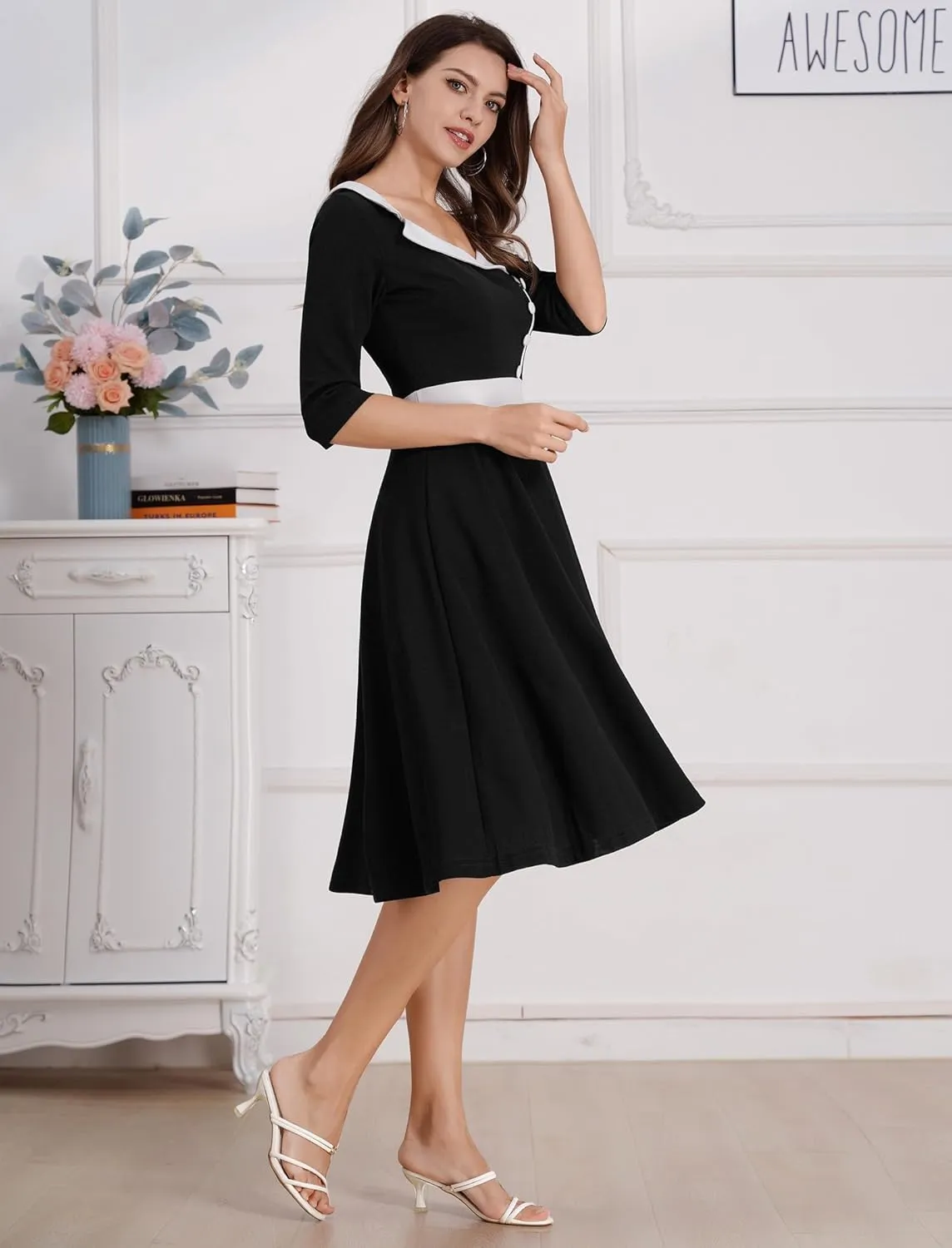 ODIZLI 1950s Dresses for Women Retro Dress 3/4 Sleeve Sweetheart Neckline Swing Midi Dress Cocktail Dress