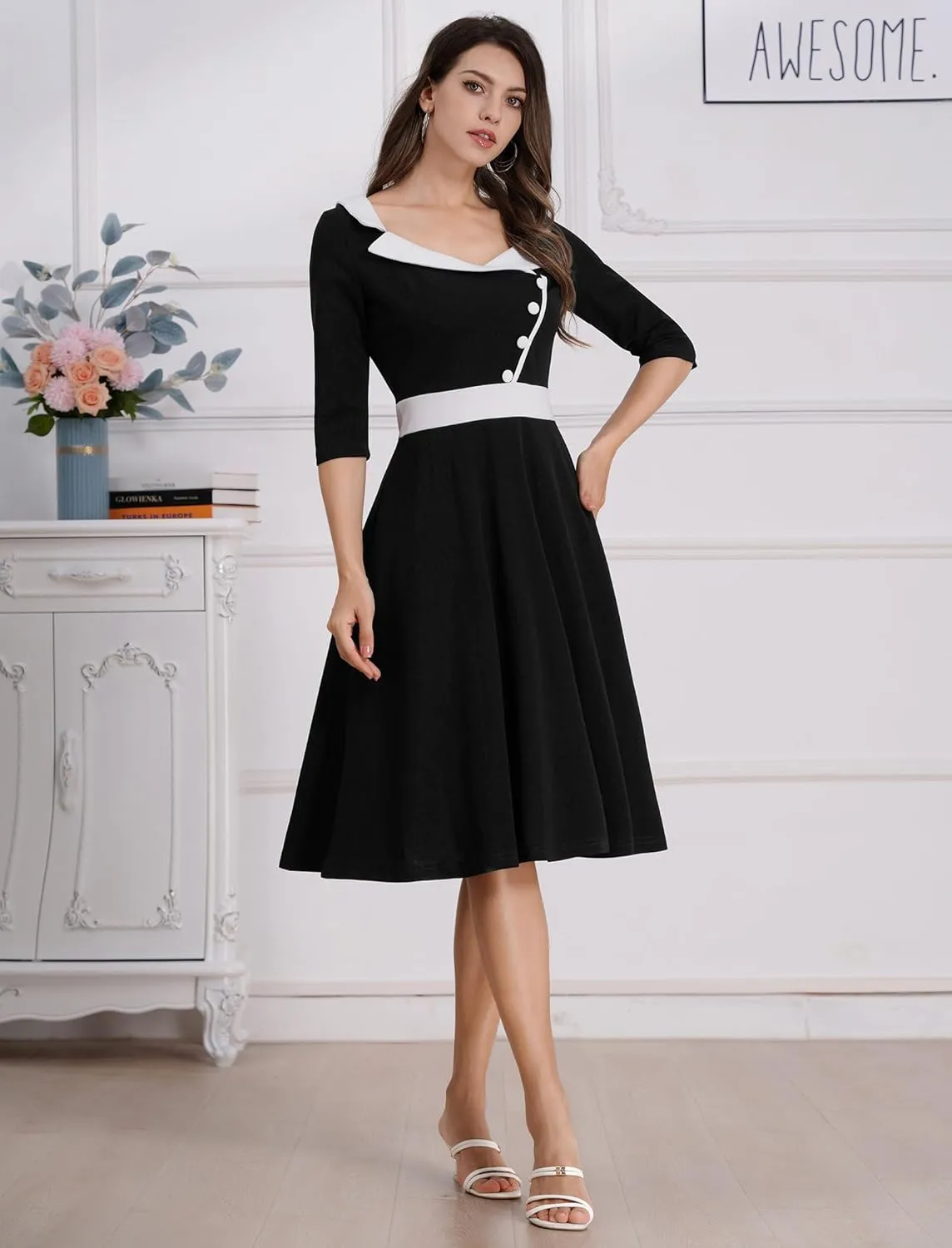 ODIZLI 1950s Dresses for Women Retro Dress 3/4 Sleeve Sweetheart Neckline Swing Midi Dress Cocktail Dress