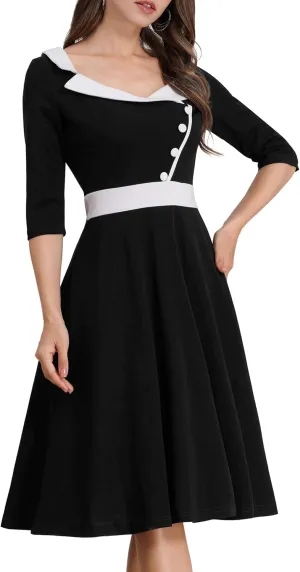 ODIZLI 1950s Dresses for Women Retro Dress 3/4 Sleeve Sweetheart Neckline Swing Midi Dress Cocktail Dress