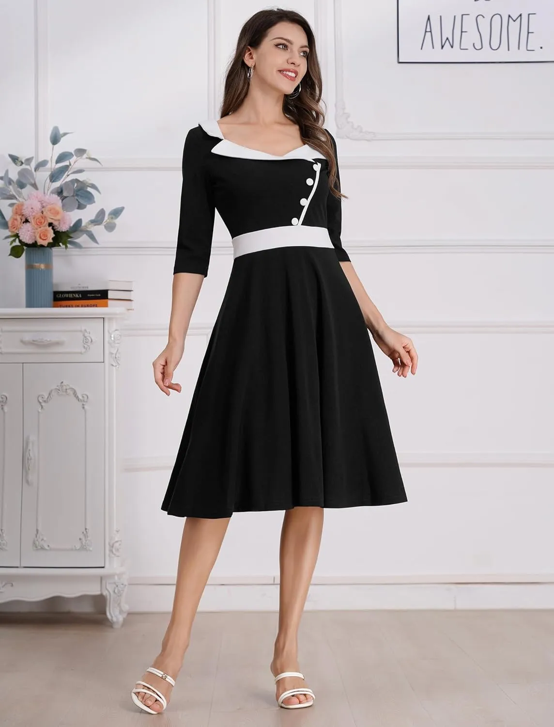 ODIZLI 1950s Dresses for Women Retro Dress 3/4 Sleeve Sweetheart Neckline Swing Midi Dress Cocktail Dress