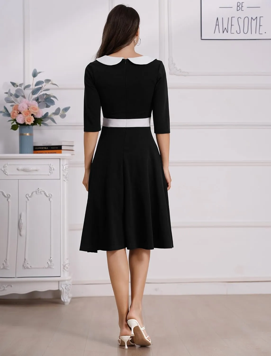 ODIZLI 1950s Dresses for Women Retro Dress 3/4 Sleeve Sweetheart Neckline Swing Midi Dress Cocktail Dress
