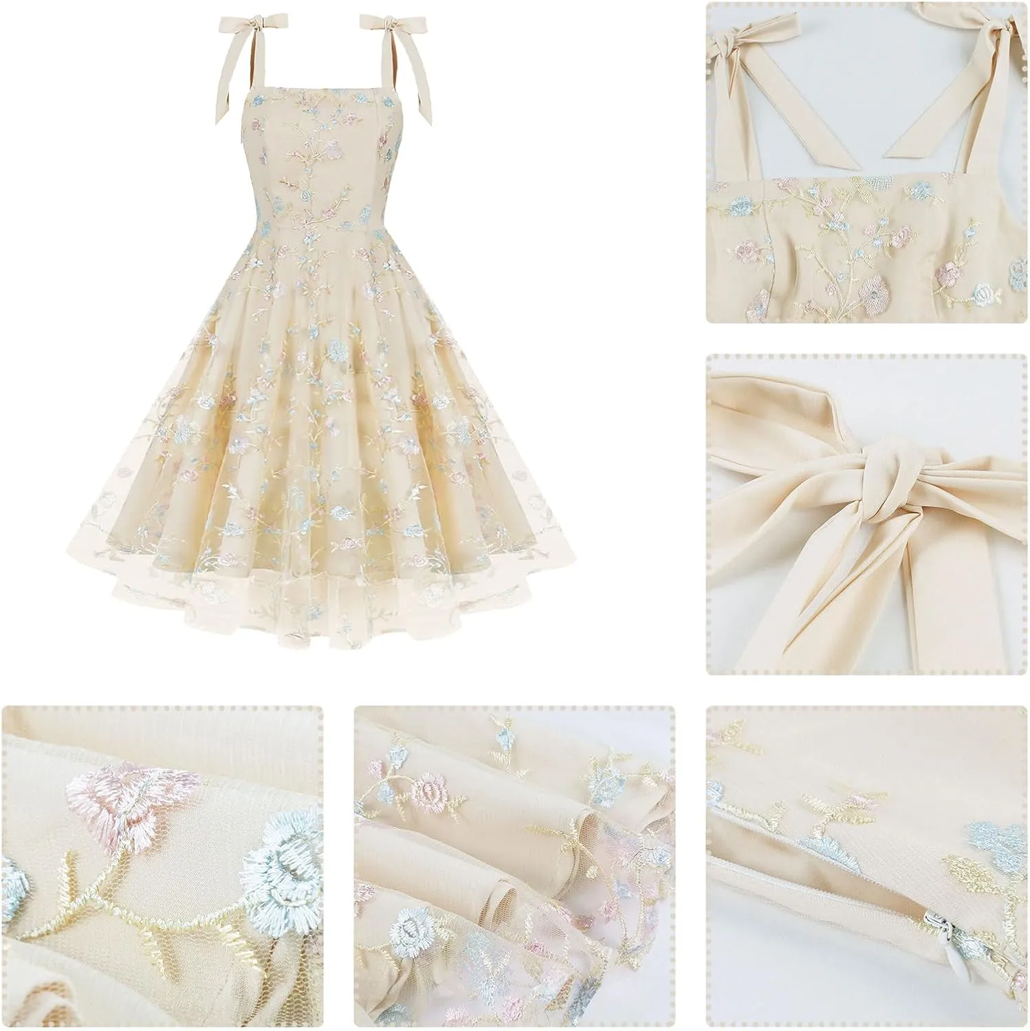 ODIZLI Women's 1950s Retro Vintage Dress Sleeveless Spaghetti Strap Embroidered Floral Dress
