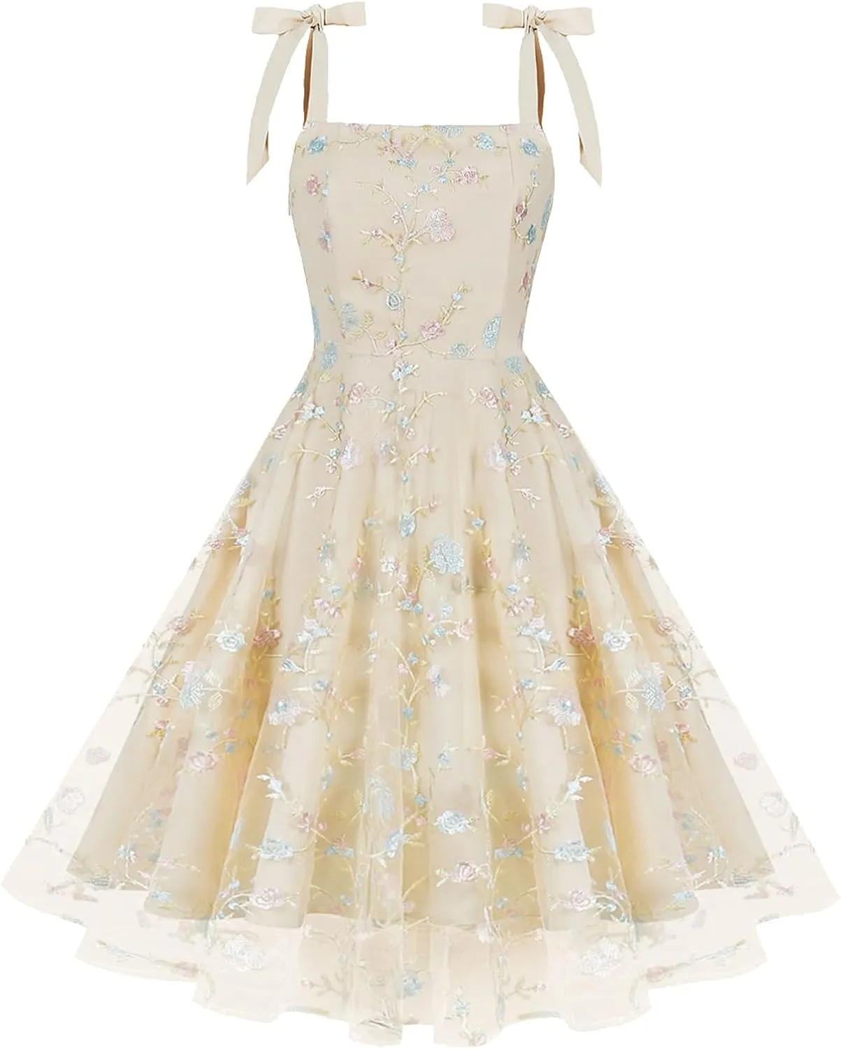 ODIZLI Women's 1950s Retro Vintage Dress Sleeveless Spaghetti Strap Embroidered Floral Dress