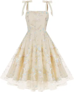 ODIZLI Women's 1950s Retro Vintage Dress Sleeveless Spaghetti Strap Embroidered Floral Dress