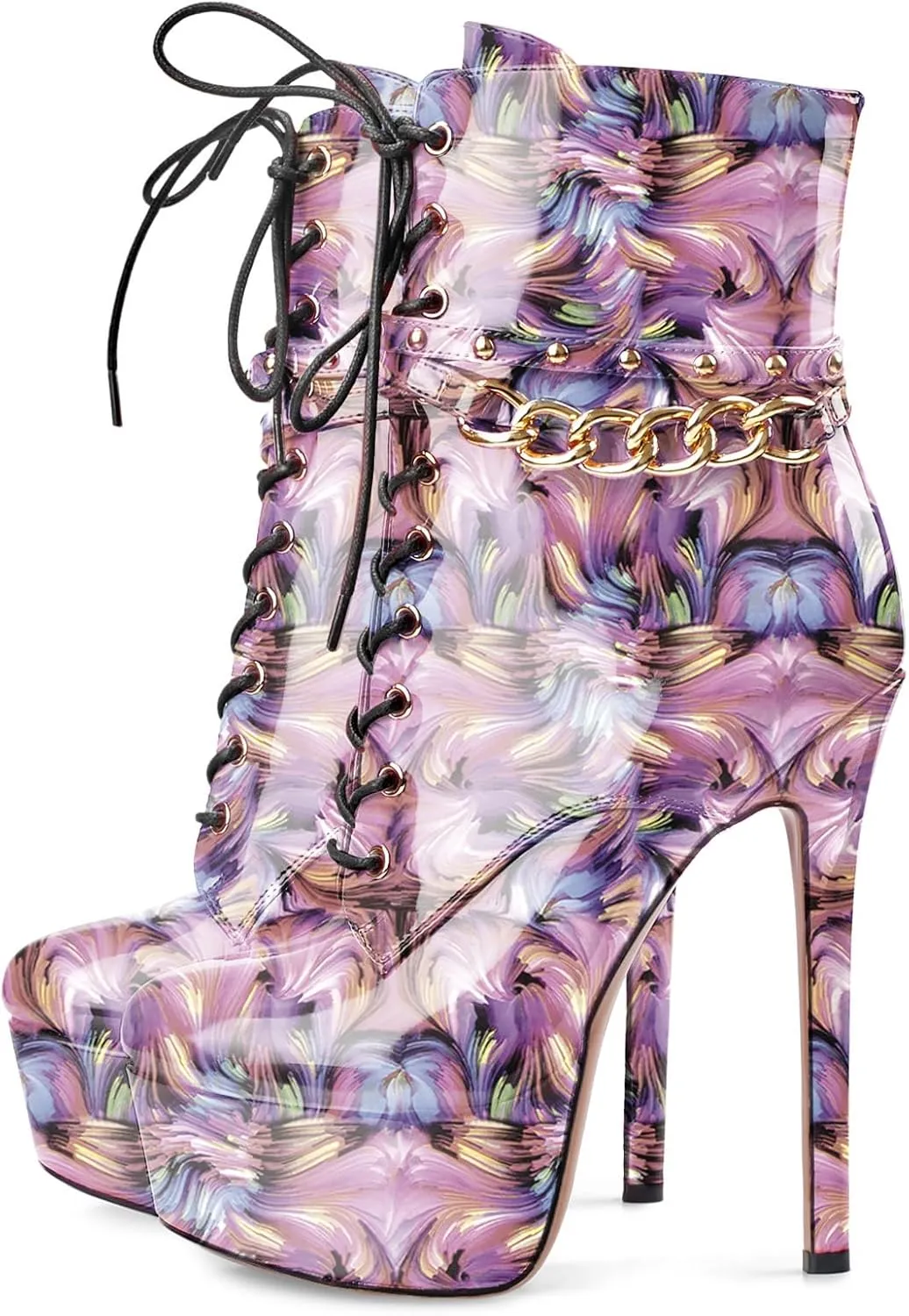 Oh Mispares Women's Platform Stiletto High Heel Ankle Boots Sexy Round Toe Lace Up High Heel Short Booties Patent Leather Dress Booties Shoes with Side Zipper 6 Inch
