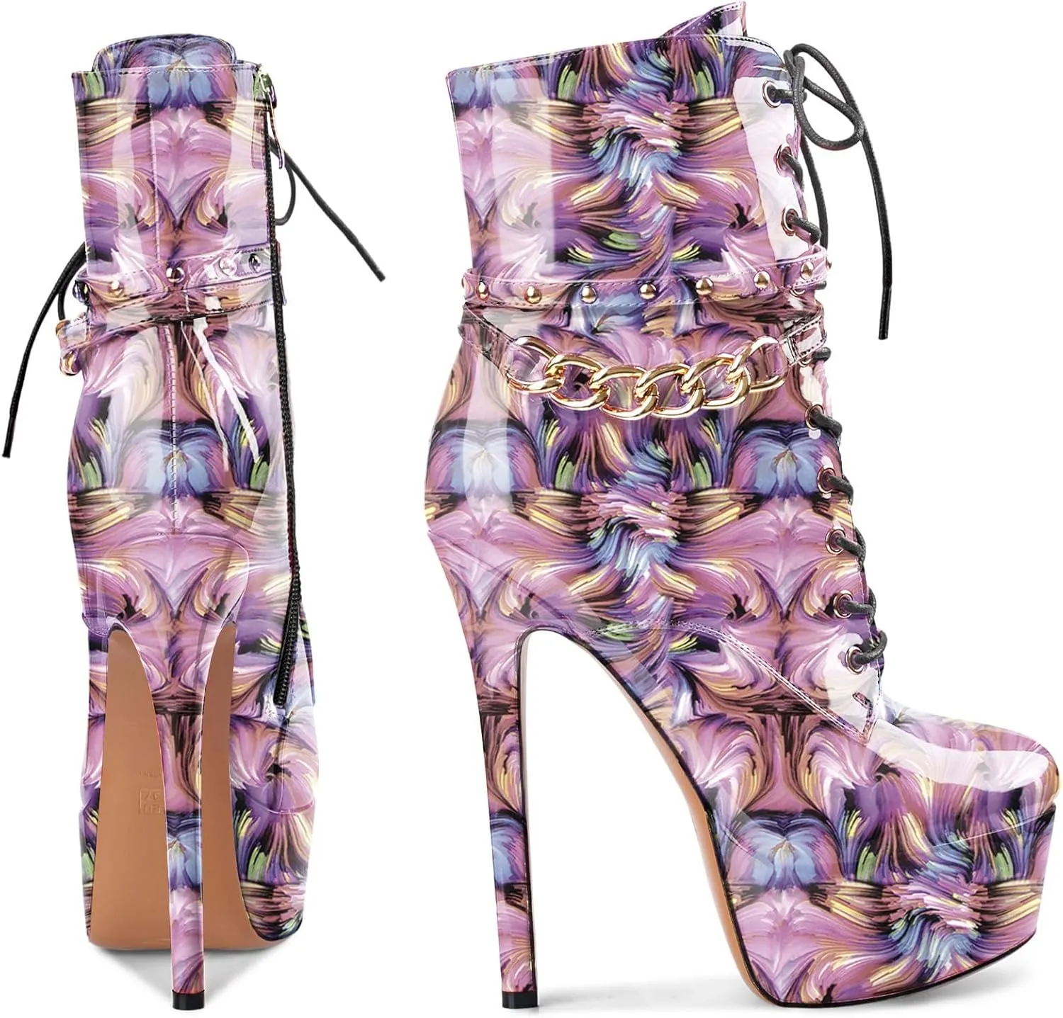 Oh Mispares Women's Platform Stiletto High Heel Ankle Boots Sexy Round Toe Lace Up High Heel Short Booties Patent Leather Dress Booties Shoes with Side Zipper 6 Inch