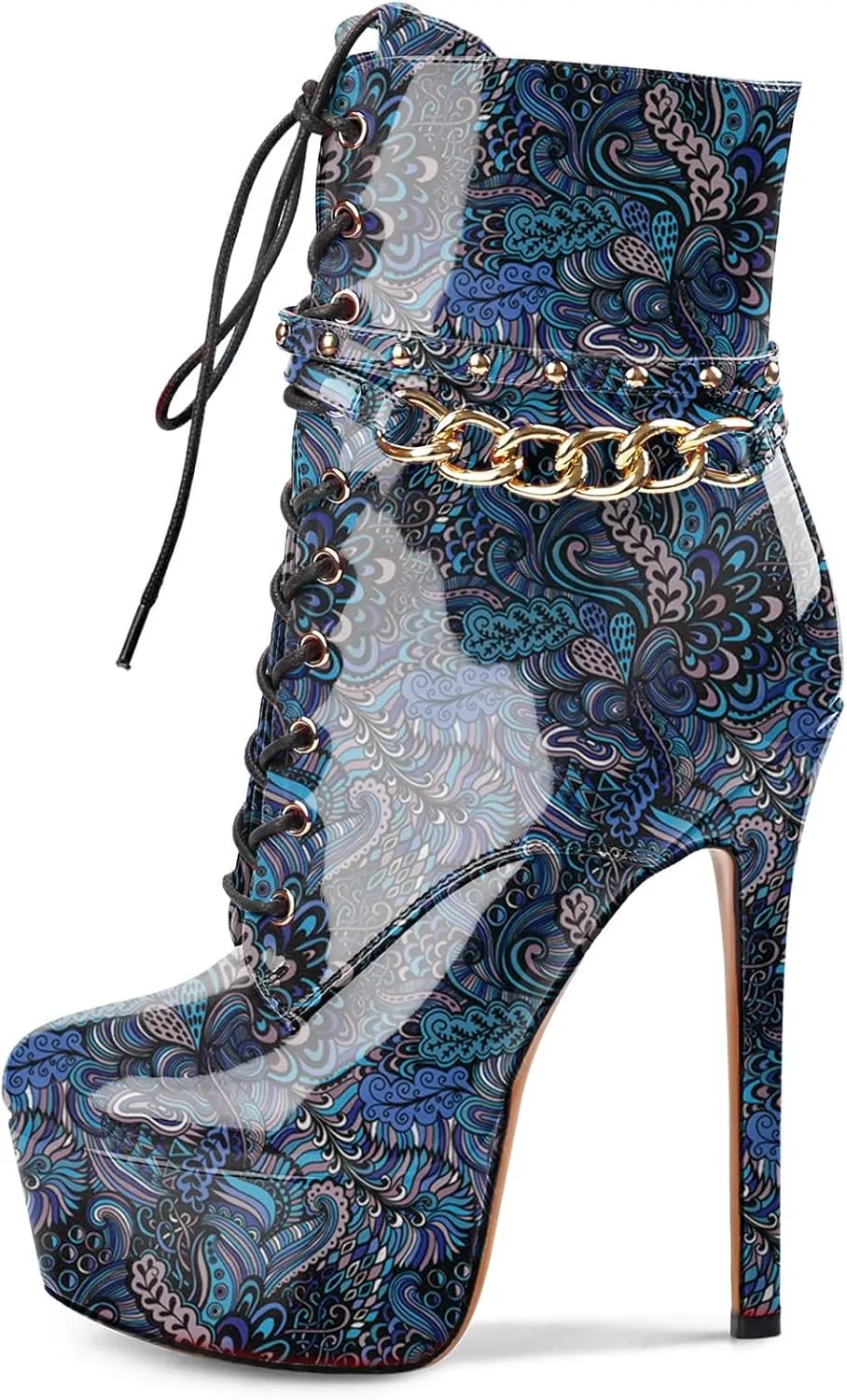 Oh Mispares Women's Platform Stiletto High Heel Ankle Boots Sexy Round Toe Lace Up High Heel Short Booties Patent Leather Dress Booties Shoes with Side Zipper 6 Inch