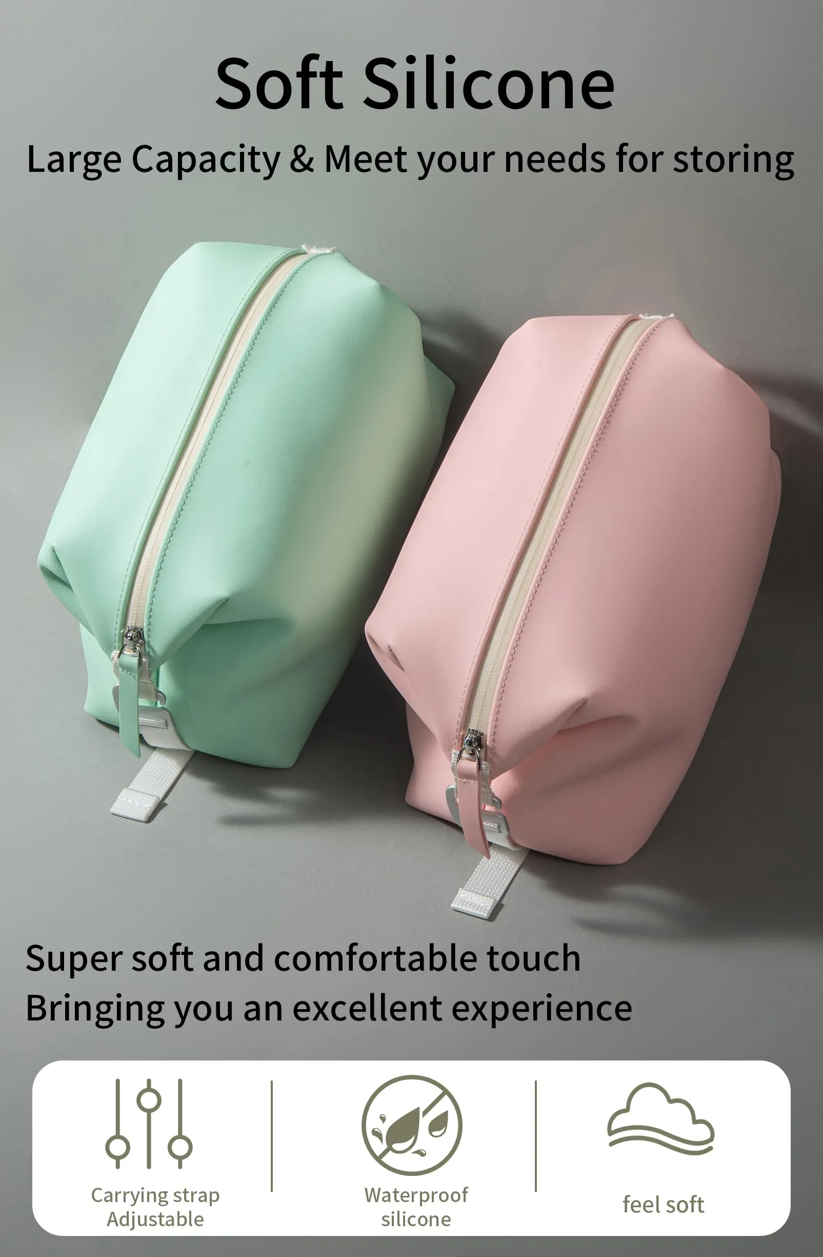 Onbagway 6.5" 3L Large Silicone Dopp Kit,Waterproof Leakproof Toiletry Bag,Foldable Travel Makeup Case for Mens Womens,Green