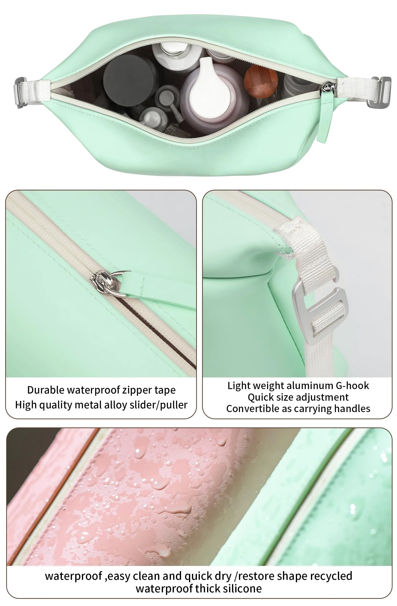 Onbagway 6.5" 3L Large Silicone Dopp Kit,Waterproof Leakproof Toiletry Bag,Foldable Travel Makeup Case for Mens Womens,Green