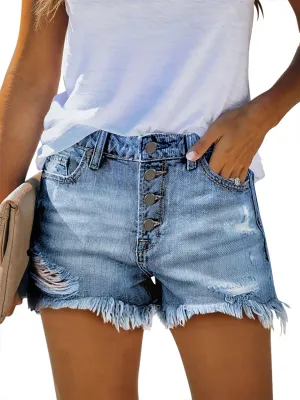 onlypuff Women's Ripped Mid Waisted Denim Shorts with Pockets