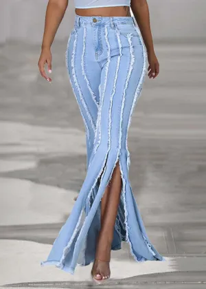 Original Design Blue Patchwork Side Open Denim Pants