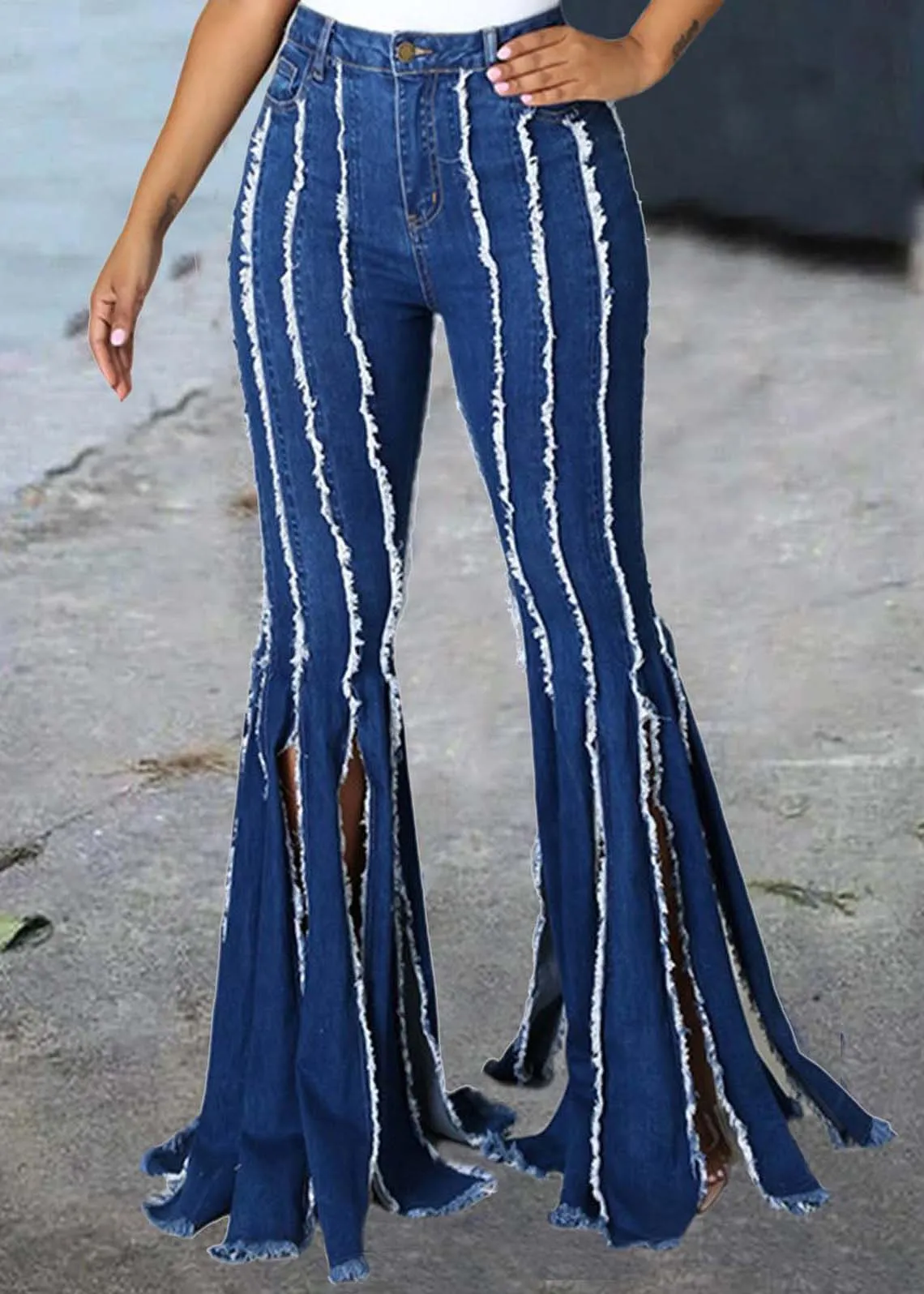 Original Design Blue Patchwork Side Open Denim Pants
