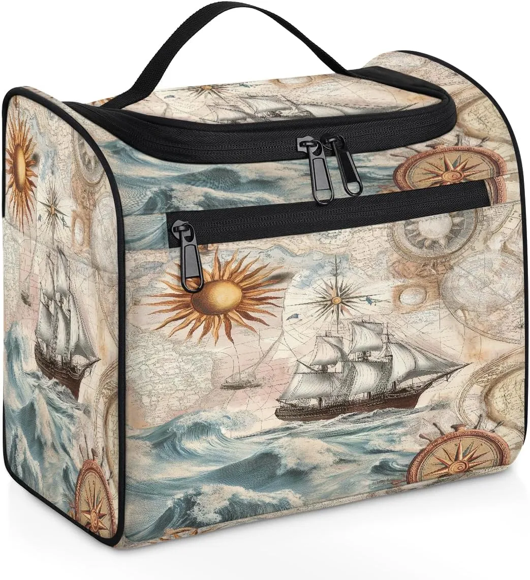 OSAM SPACE Nautical Compasses Hanging Toiletry Bag for Women Men, Retro Ocean Ship Large Capacity Travel Cosmetic Bag Makeup Organizer for Shampoo Bathroom Shower
