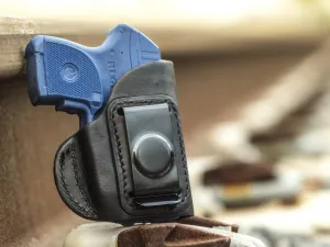 OUTBAGS USA LS4LCPX (Black-Right) Full Grain Heavy Leather IWB Conceal Carry Gun Holster for Ruger LCP 380 with Crimson Trace Laser. Handcrafted in USA.
