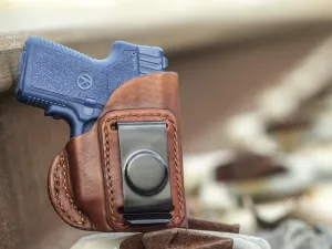 OUTBAGS USA LS4P380X (Brown-Right) Full Grain Heavy Leather IWB Conceal Carry Gun Holster for Kahr P380 with Crimson Trace Laser. Handcrafted in USA.