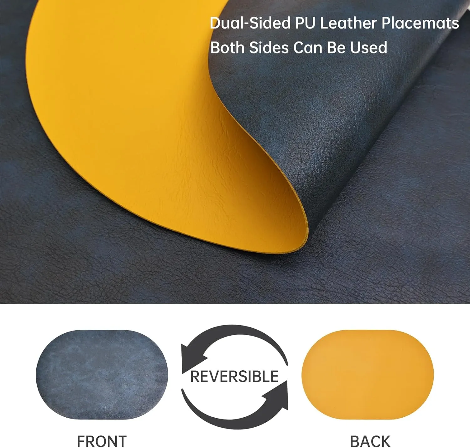 Oval Placemats Set of 6, Faux Leather Place Mats for Dining Table Dual Sided Placemats Heat Resistant Washable Wipeable Table Mats for Indoor Outdoor, Blue/Yellow