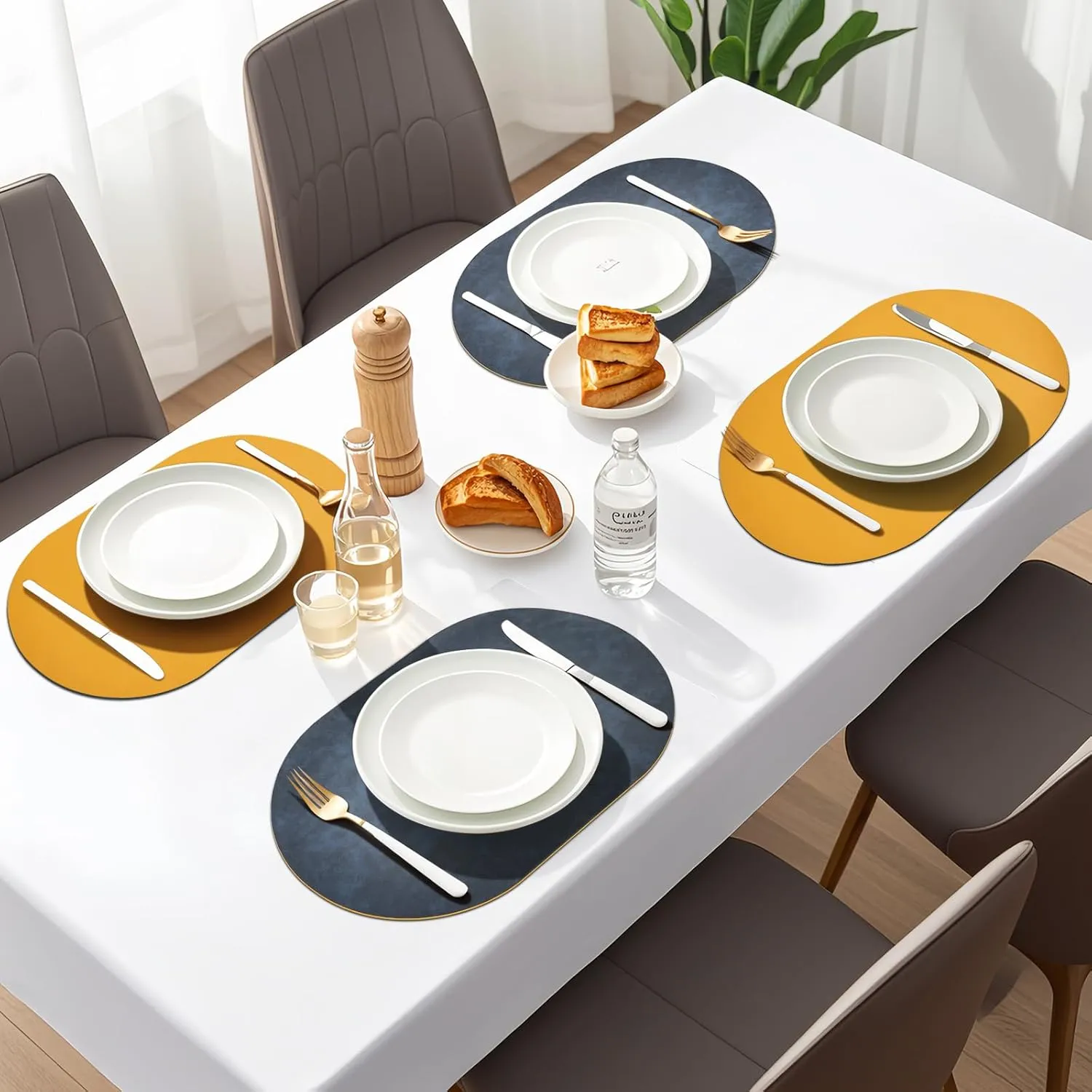 Oval Placemats Set of 6, Faux Leather Place Mats for Dining Table Dual Sided Placemats Heat Resistant Washable Wipeable Table Mats for Indoor Outdoor, Blue/Yellow