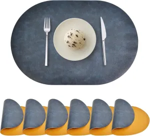 Oval Placemats Set of 6, Faux Leather Place Mats for Dining Table Dual Sided Placemats Heat Resistant Washable Wipeable Table Mats for Indoor Outdoor, Blue/Yellow
