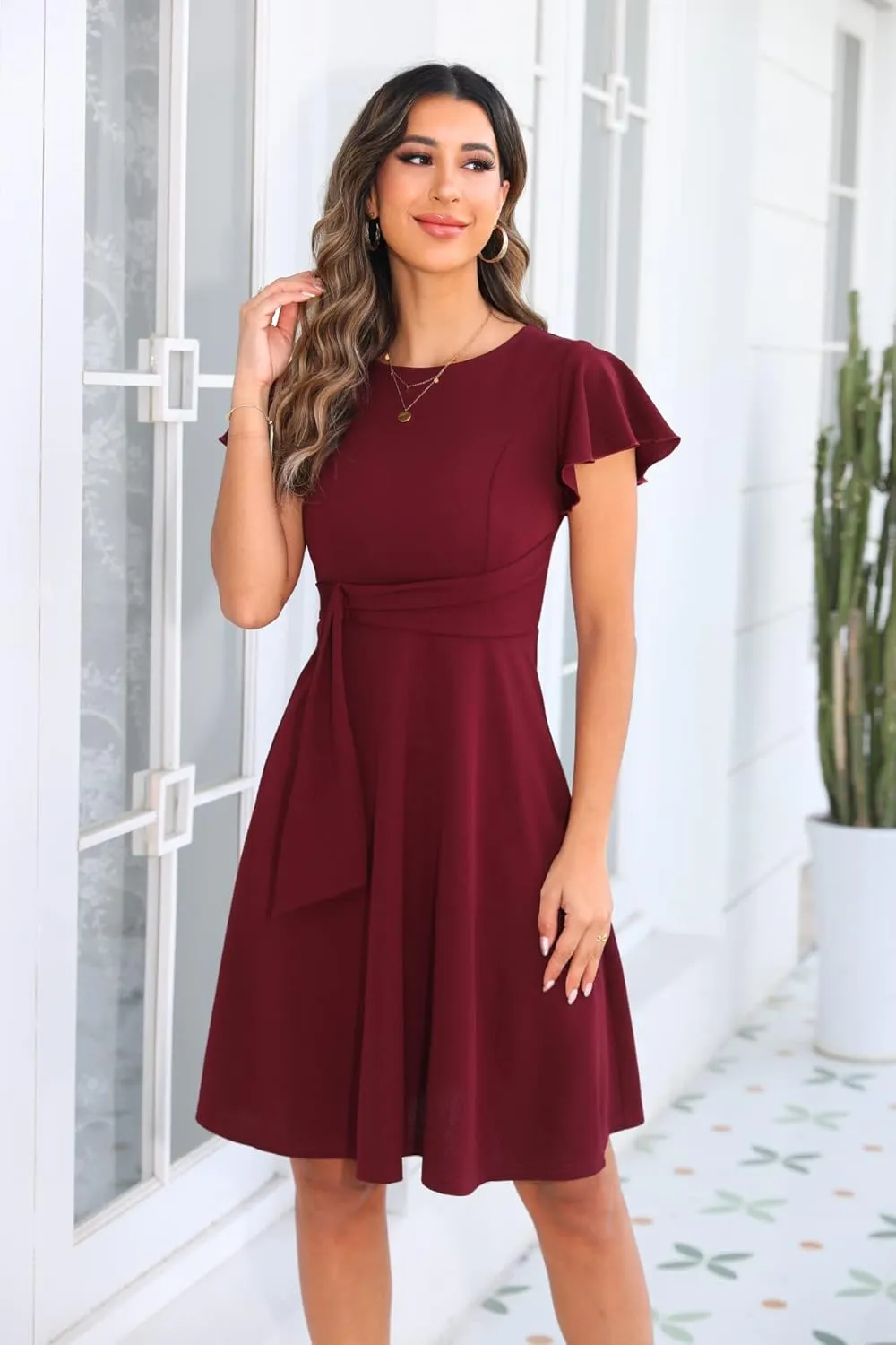 OWIN Womens 2025 Elegant Ruffle Sleeve Flared A Line Swing Casual Party Cocktail Dresses