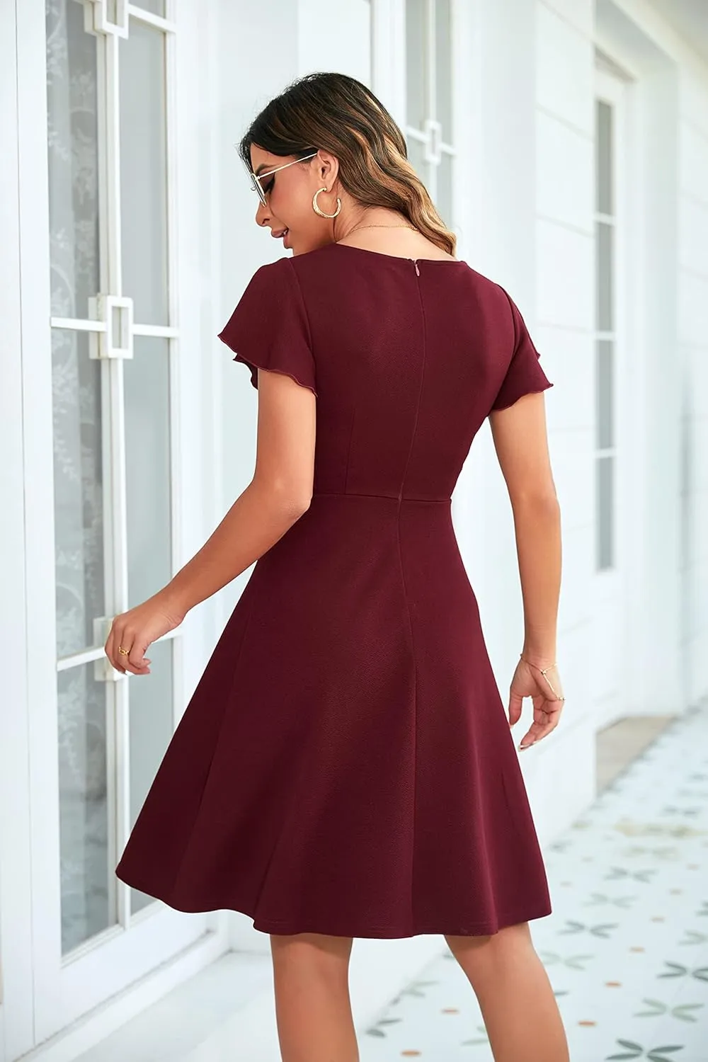 OWIN Womens 2025 Elegant Ruffle Sleeve Flared A Line Swing Casual Party Cocktail Dresses