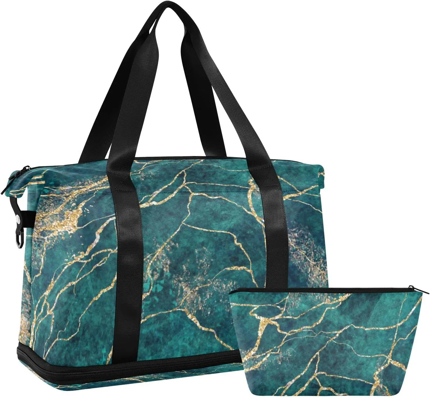 Oyihfvs Malachite Green Marble with Gold Glitter Veins, Fake Stone Texture Foldable Travel Bag, Camping Luggage bag, Portable Gym Bag, Sports Bag, Toiletry Bag with Handles Adjustable Shoulder Strap