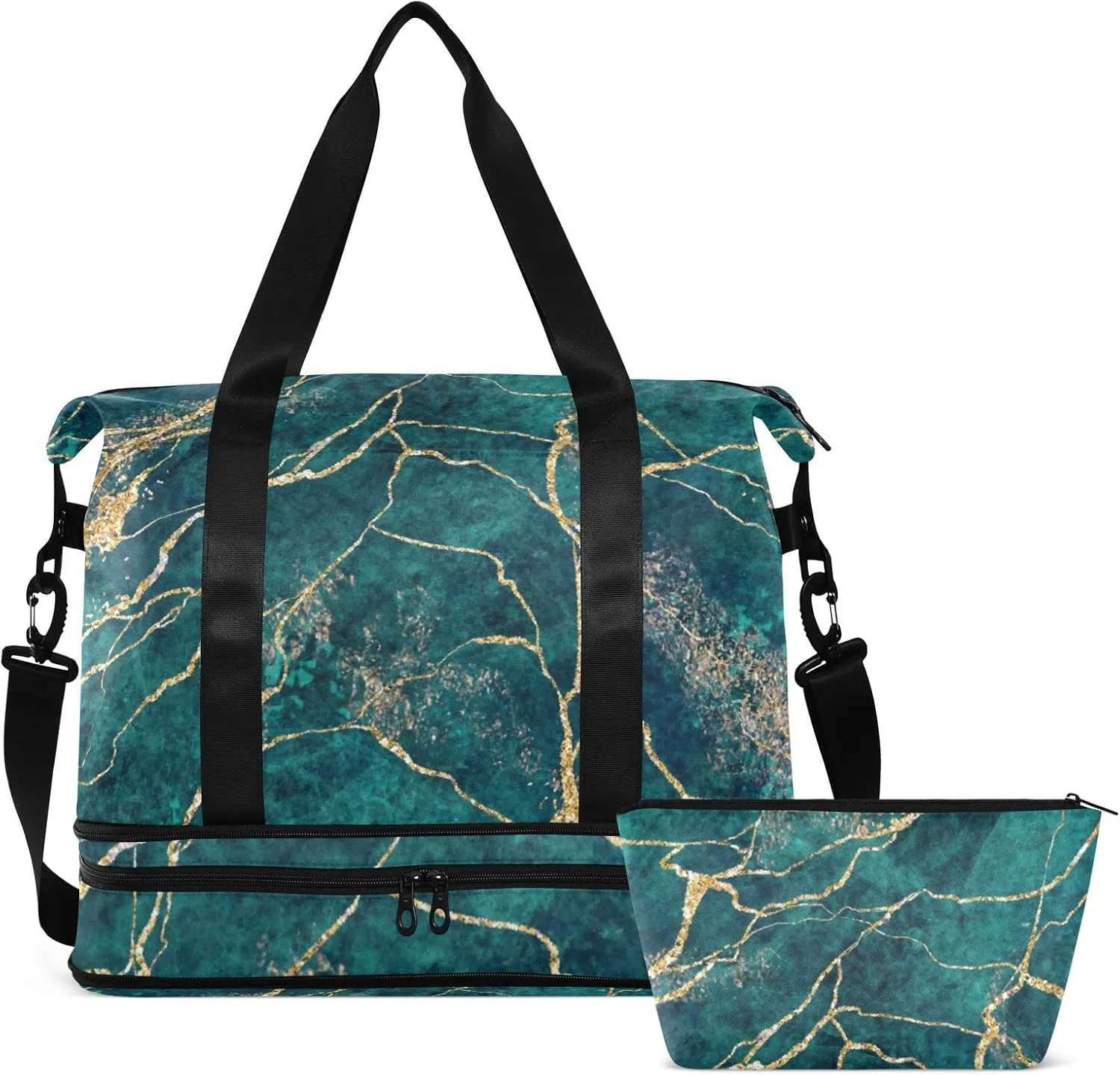 Oyihfvs Malachite Green Marble with Gold Glitter Veins, Fake Stone Texture Foldable Travel Bag, Camping Luggage bag, Portable Gym Bag, Sports Bag, Toiletry Bag with Handles Adjustable Shoulder Strap