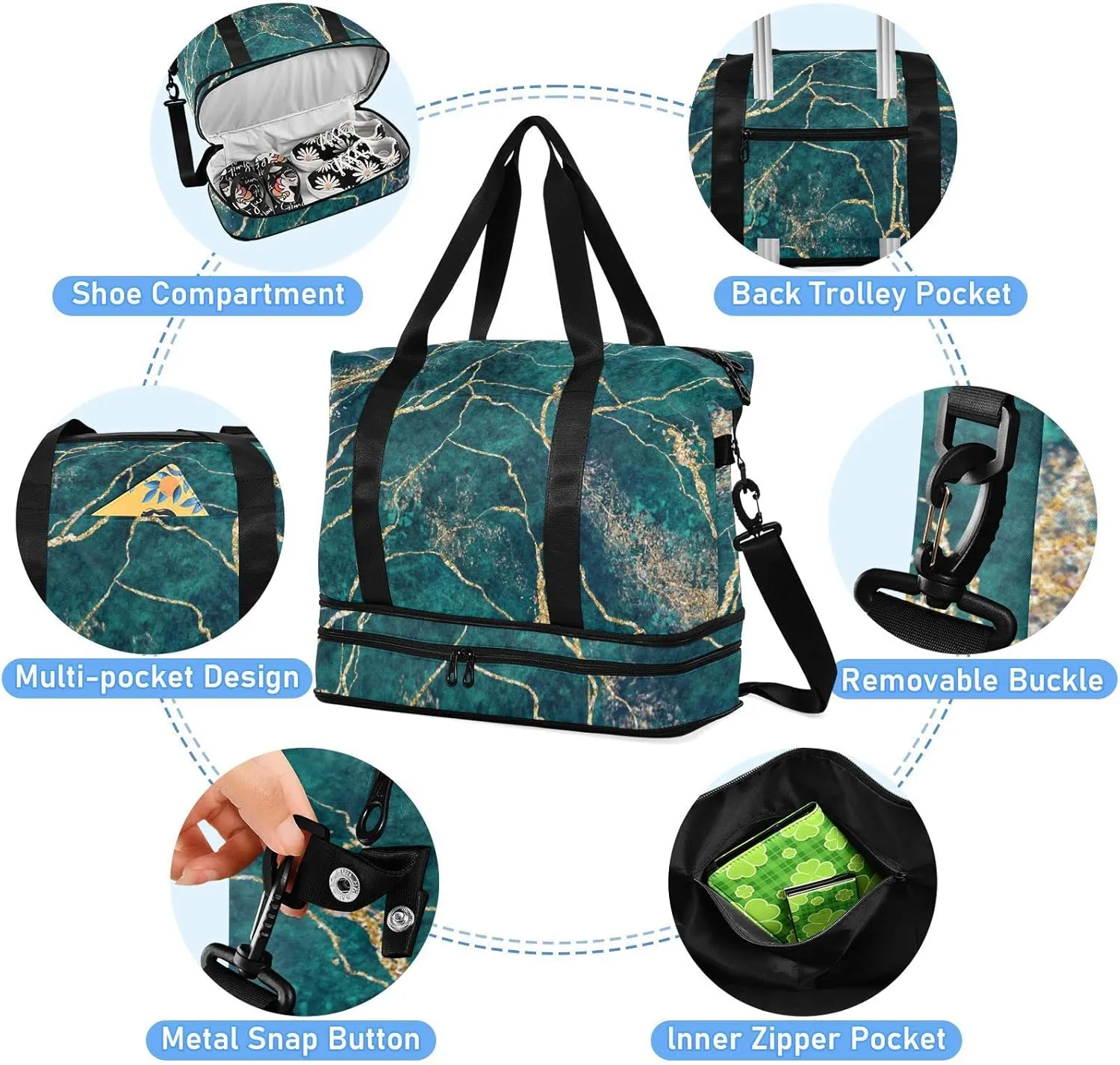 Oyihfvs Malachite Green Marble with Gold Glitter Veins, Fake Stone Texture Foldable Travel Bag, Camping Luggage bag, Portable Gym Bag, Sports Bag, Toiletry Bag with Handles Adjustable Shoulder Strap