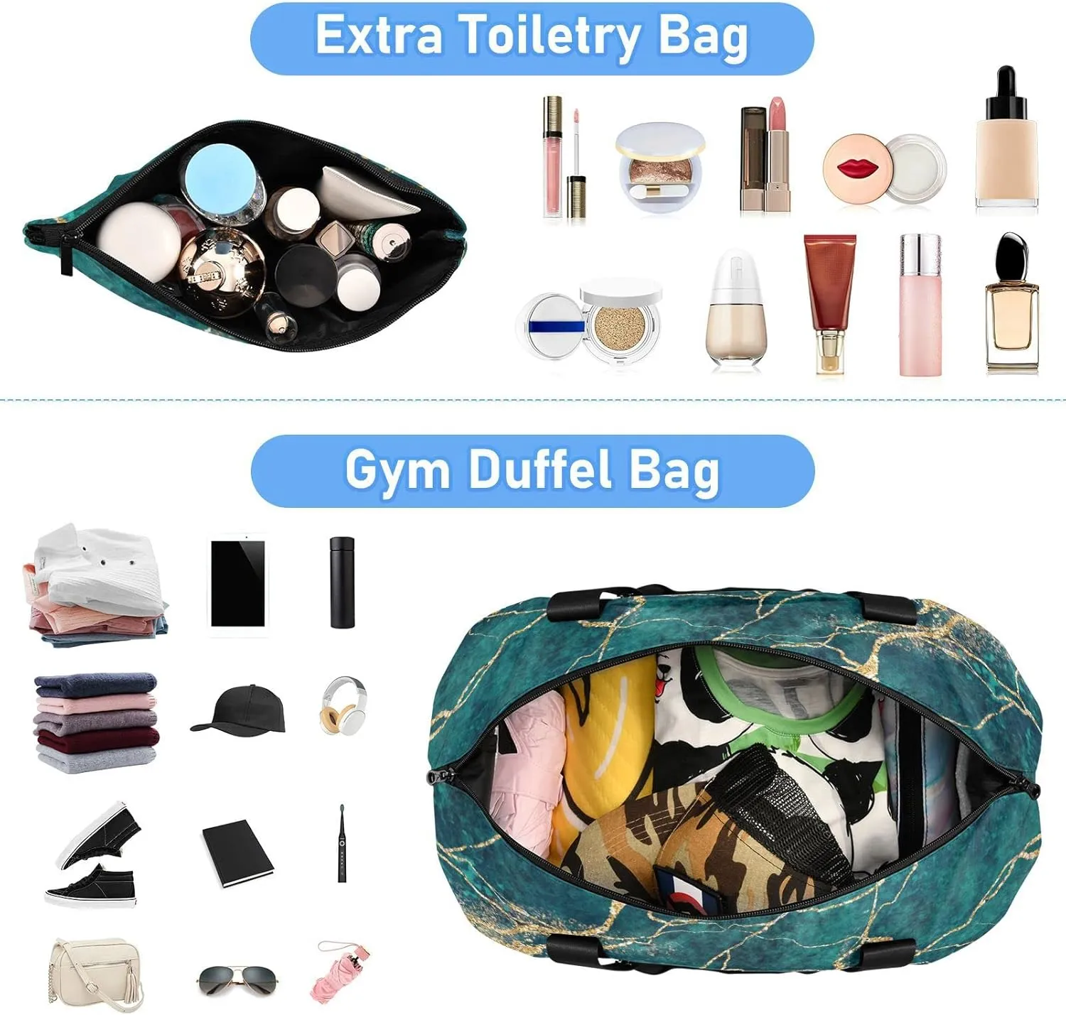 Oyihfvs Malachite Green Marble with Gold Glitter Veins, Fake Stone Texture Foldable Travel Bag, Camping Luggage bag, Portable Gym Bag, Sports Bag, Toiletry Bag with Handles Adjustable Shoulder Strap