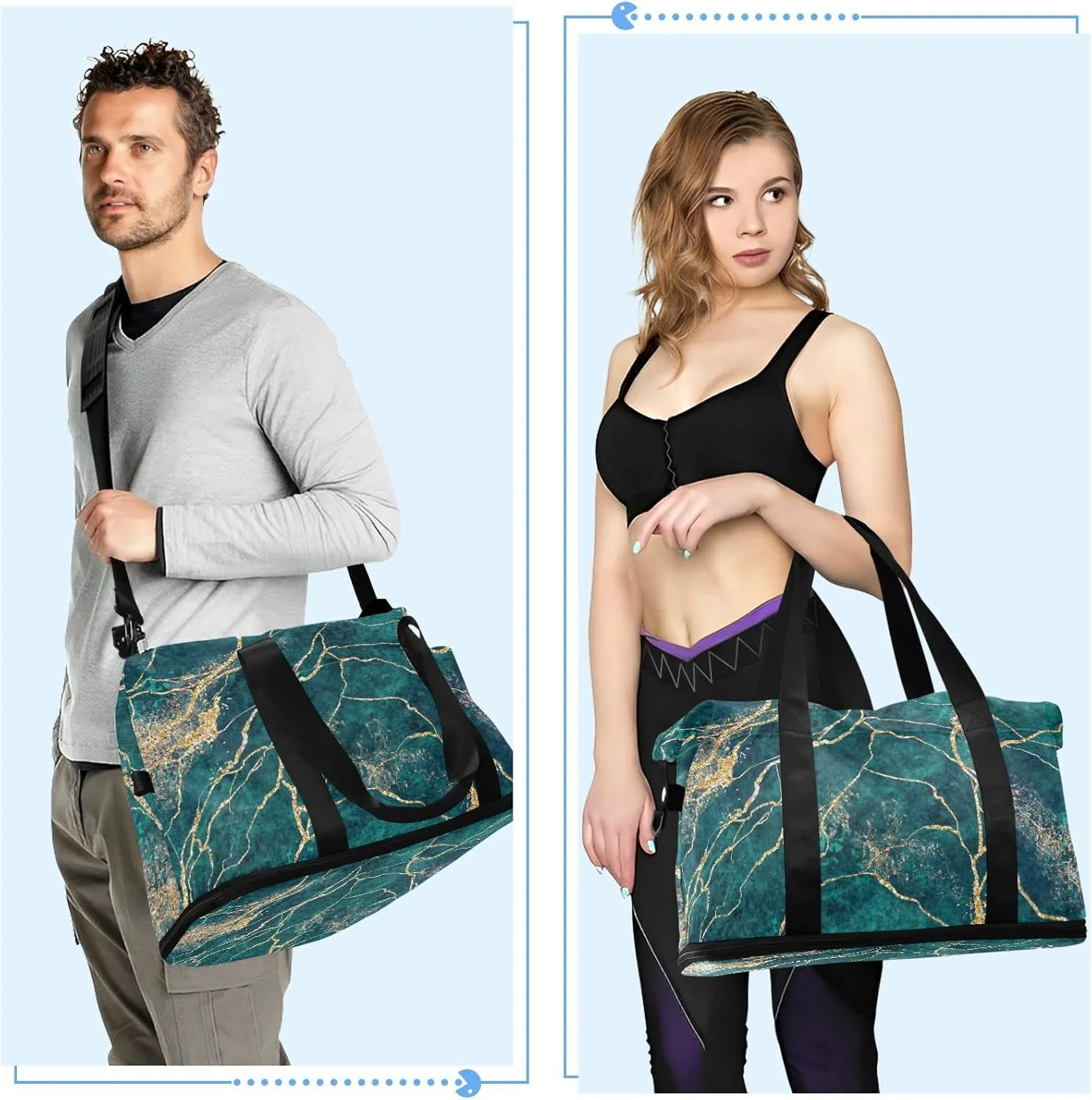 Oyihfvs Malachite Green Marble with Gold Glitter Veins, Fake Stone Texture Foldable Travel Bag, Camping Luggage bag, Portable Gym Bag, Sports Bag, Toiletry Bag with Handles Adjustable Shoulder Strap