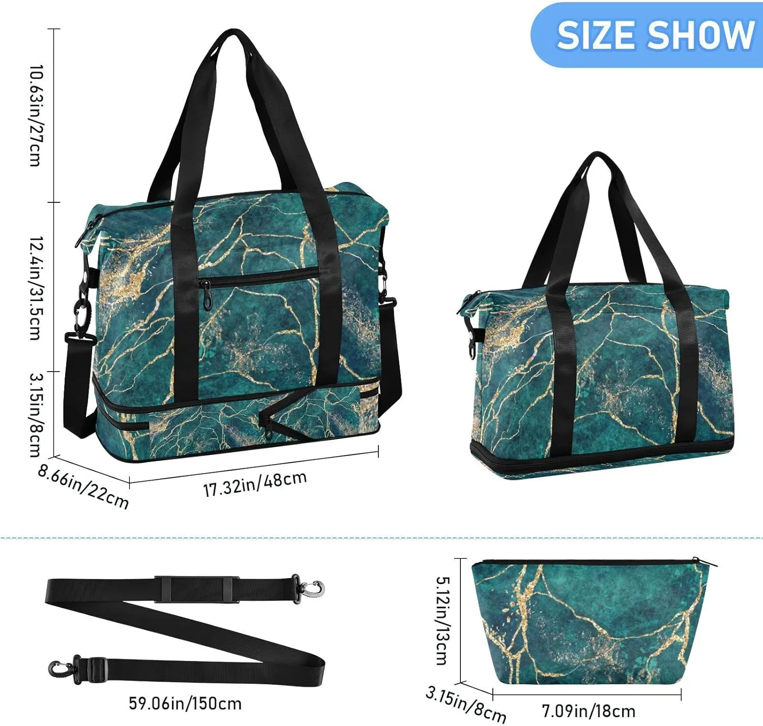 Oyihfvs Malachite Green Marble with Gold Glitter Veins, Fake Stone Texture Foldable Travel Bag, Camping Luggage bag, Portable Gym Bag, Sports Bag, Toiletry Bag with Handles Adjustable Shoulder Strap